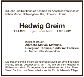 Traueranzeige von Hedwig Greim von Pegnitz-Zeitung